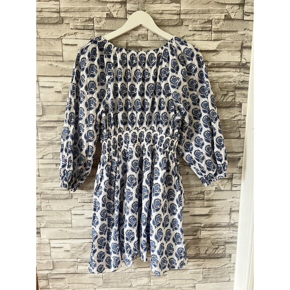 J Crew V Neck Mini Bouquet Block Print Blue White Lined XS Smocked Dress - Picture 3 of 11